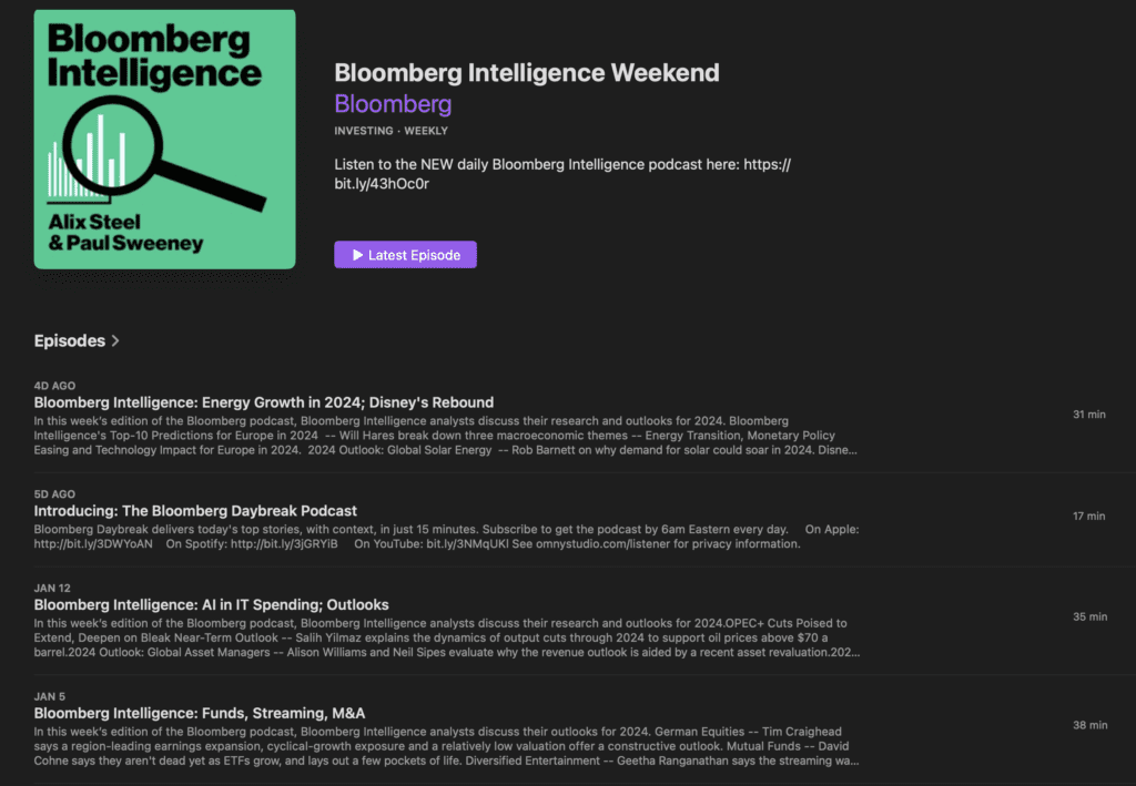 Bloomberg Intelligence Weekend podcast episodes list with topics a B2B audience might care about.